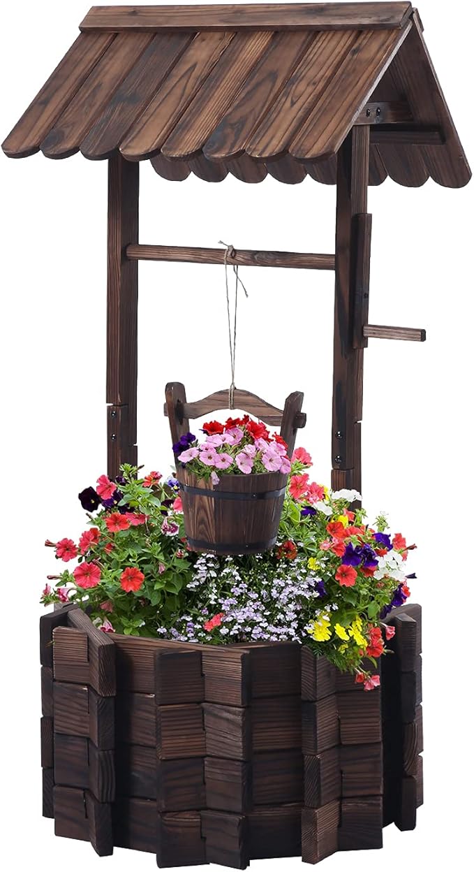 Garden Wooden Decor Rustic Wishing Well Planter Outdoor Home Décor for Patio, Upgrade Wishing Well Garden, Yard Hanging Bucket Patio Lawn Backyard Home Decor-Ruum Studio Home