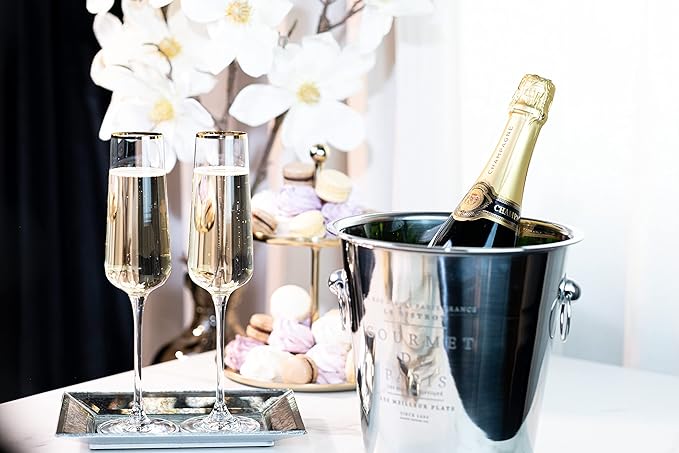 Gold Rim Champagne Gift Glasses | Set of 2 | Crystal Square Toasting Flutes for Bride and Groom, Wedding, Anniversary, Birthday | Elegant Long Stemmed Glassware for Sparkling Wine, Prosecco-Ruum Studio Home