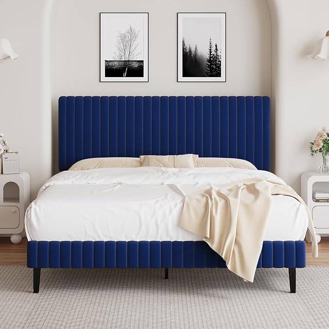 Queen Size Bed Frame with Headboard, Velvet Upholstered Platform Bed with Vertical Channel Tufted Design, No Box Spring Required, Easy Assembly, Blue-Ruum Studio Home