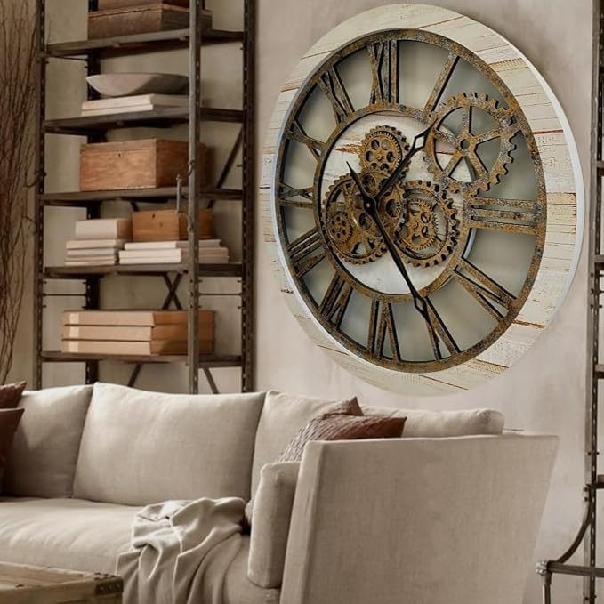 The Gears Clock The Original Real Moving Gear Wall Clock Vintage Industrial Oversized Rustic Farmhouse (24 inch (60cm), Vintage Desert Beige and Bronze)-Ruum Studio Home