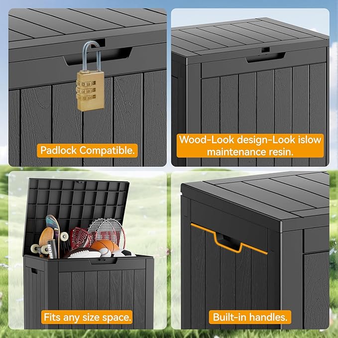 KAMABOKO Deck Box, 32 Gallon Resin Indoor and Outdoor Storage Boxes Waterproof for Garden Tools, Pool Accessories Storage Bench, Patio Furniture and Cushions with Lockable Lid, Black-Ruum Studio Home