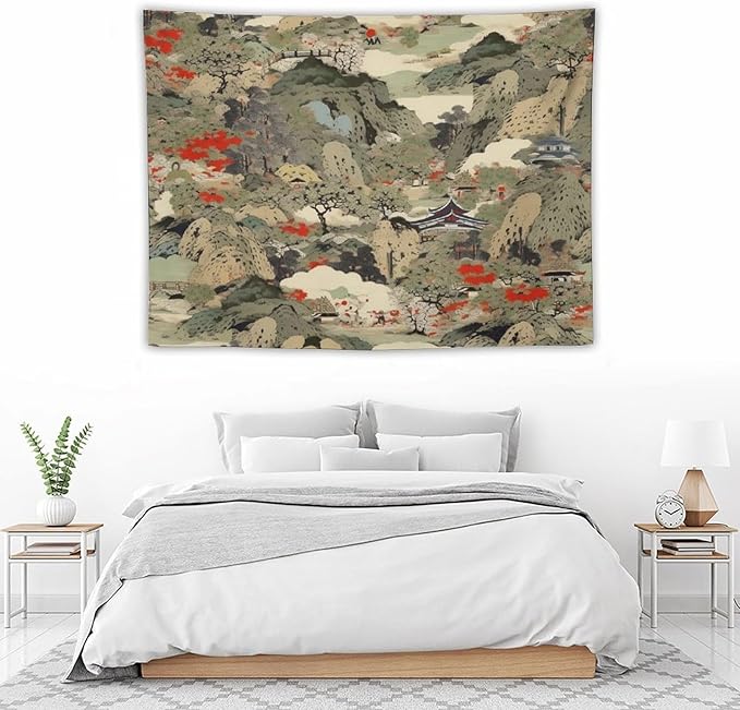 Asian Tapestry, Japanese Red Landscape, Bedroom & Living Room Decor, 40"x30"-Ruum Studio Home