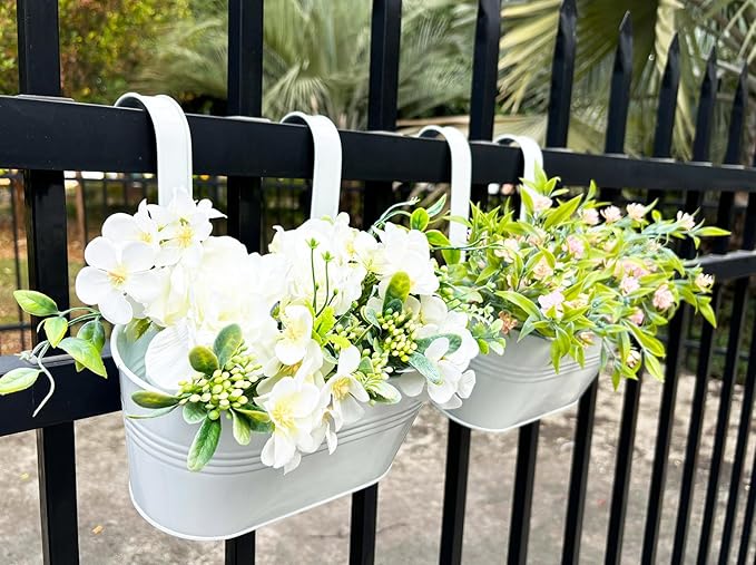10" Hanging Flower Pots, Pack of 2 White Metal Outdoor Patio Balcony Planter, Railing Planters Fence Pot with Detachable Hook & Drainage Hole for Small Plants (White, 2Pcs)-Ruum Studio Home