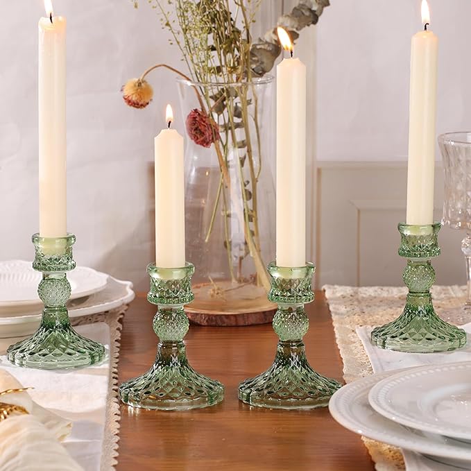 12Pcs Green Candlestick Holders Set- 4" H Taper Candle Holders Bulk, Glass Candle Holders for Wedding, Party, Romantic Dinner Table Centerpieces, Festival Gifts & Windowsill Decor-Ruum Studio Home