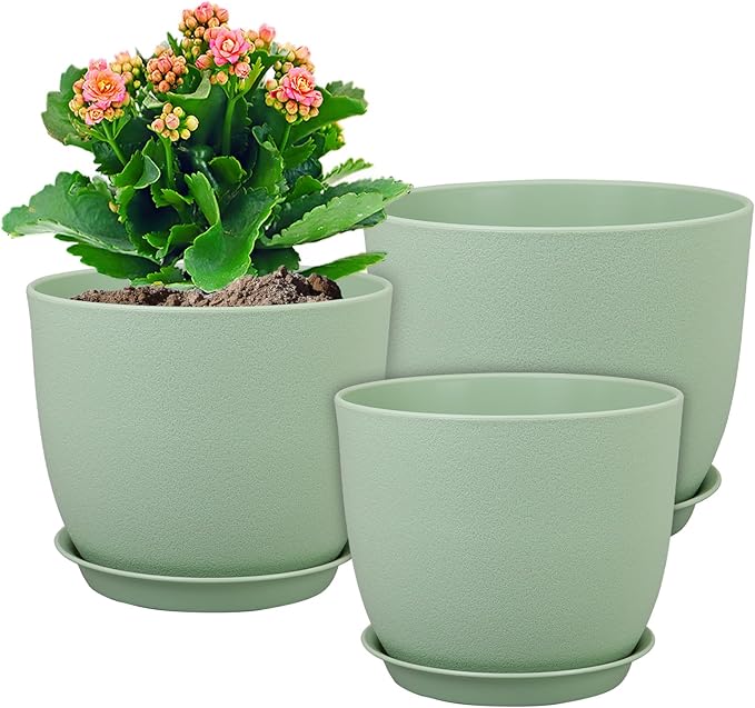 Medium Plant Pots 10/9/8 inch, Flower Pots for Indoor Outdoor Plants, Set of 3 Modern Decorative Plastic Planters with Drainage Holes and Saucers for House Porch Garden Plants, Green-Ruum Studio Home