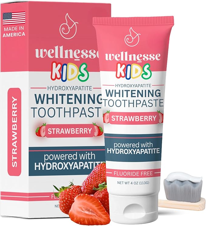 Wellnesse Kids Hydroxyapatite Toothpaste with Xylitol - Fluoride Free Toddler & Kid's Natural Toothpaste, Freshens Breath, Sensory-Friendly Oral Care, Vegan, Strawberry Flavor, 4 oz (Pack of 1)-Ruum Studio Home