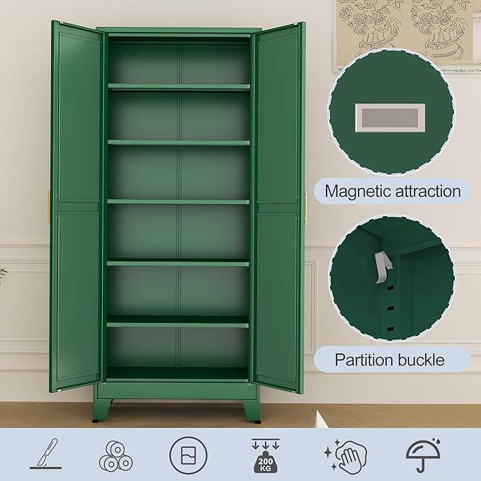 Green Metal Storage Cabinet,75" Steel Cabinets for Home Office, Kitchen Pantry Storage Cabinet with Doors and 5 Adjustable Shelves, Tool Cabinets, for Office, Home, Garage, School-Ruum Studio Home
