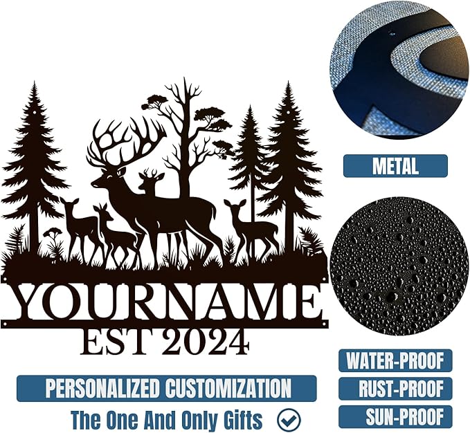 Personalized Deer Forest Name metal Signs,Custom Shed Metal Wall Decor,Black Deer Metal Wall Art Decor,Deer Home Metal Signs Plaques,Outdoor wall Decorative Signage (Style E)-Ruum Studio Home