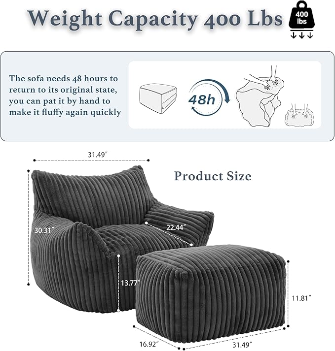 Oversized Bean Bag Chaise Lounge Chair Indoor for Adults with Armrests & Ottoman - Giant Comfy Gray Beanbag Floor Sofa Cloud Accent Chair for Reading, Gaming, Cozy Plush Cloud Mini Couch-Ruum Studio Home