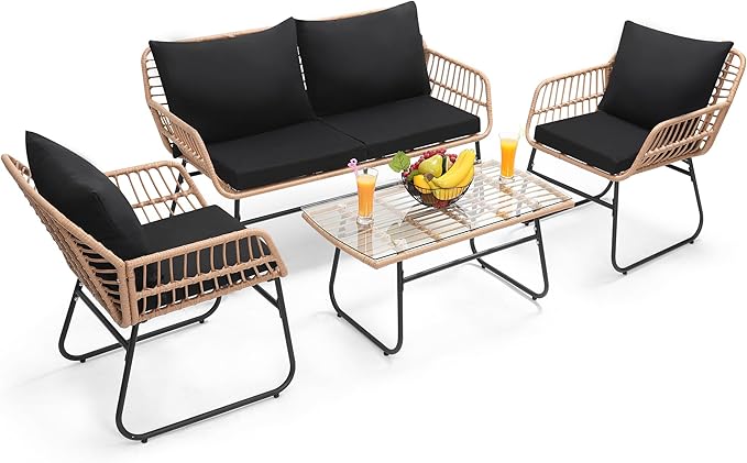 Kromax 4 Piece Patio Bistro Outdoor Furniture Set, Wicker Sofa, 2 Rattan Chairs, and Table, Backyard Conversation Set, All Weather Cushions, Natural Rattan Black Cushion-Ruum Studio Home