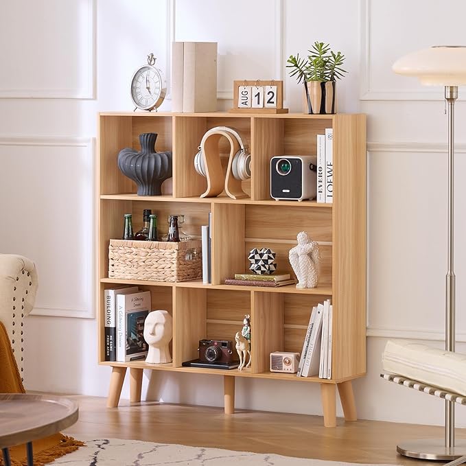 LEYAOYAO Wooden 8 Cube Book Shelf, Natural 3 Tier Bookshelf with Legs, Modern Open Storage Organizer,Boho Bookcase,Display Cabinet Shelf Free Standing Bookshelves for Bedroom,Living Room,Office-Ruum Studio Home