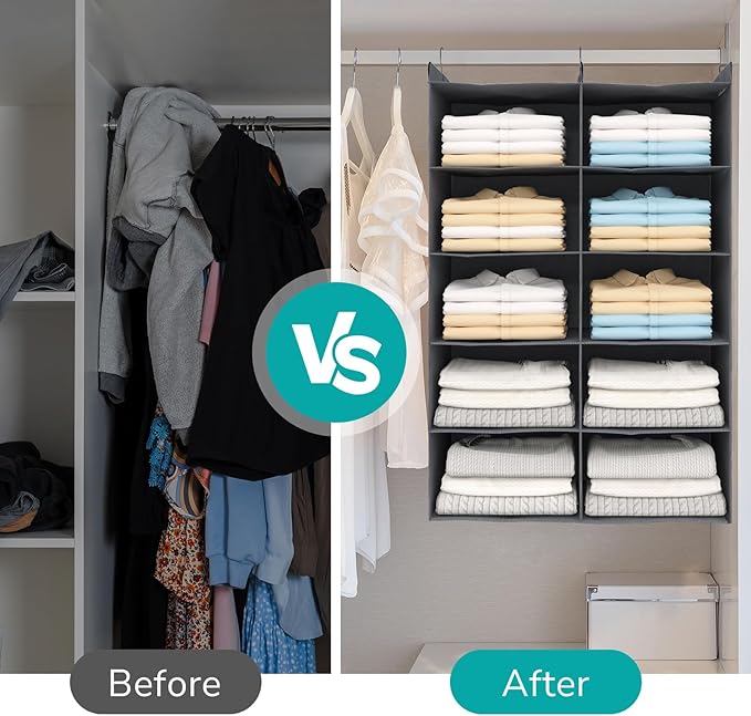 4 Tier Shelf Hanging Closet Organizer, Dual-Row 8 Pocket Cloth Hanging Shelf with 3 Sturdy Hooks for Storage, Foldable (Grey)-Ruum Studio Home