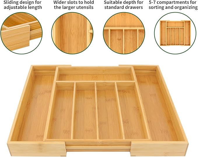 VaeFae Bamboo Drawer Organizer, Expandable Silverware Drawer Organizer, Cutlery Tray with Dividers for Kitchen Utensils, Medium-Ruum Studio Home