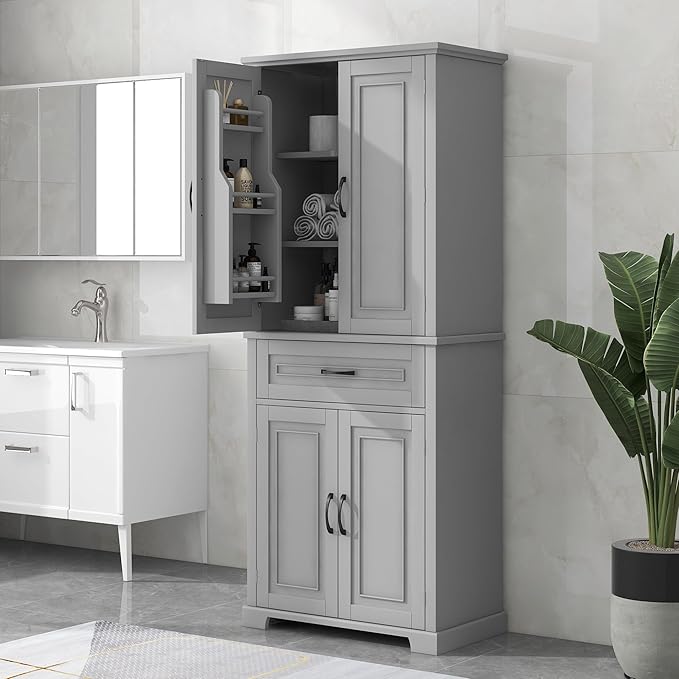 72.2" Tall Storage Cabinet with 4 Doors and Drawer, Freestanding Linen Cabinet, Wooden Pantry with Adjustable Shelf for Kitchen, Bathroom, Living Room, Grey-Ruum Studio Home