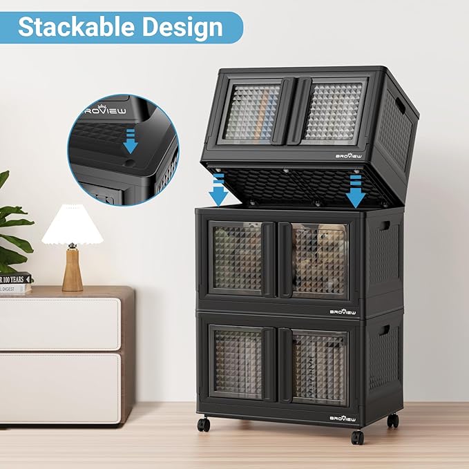 300Qt Stackable Storage Bins with Lids, 75Gal Closet Organizers and Storage Drawer, Plastic Collapsible Storage Bins with Doors, Heavy Duty Store Box Cabinet for Home Kitchen, 3Pack Black-Ruum Studio Home