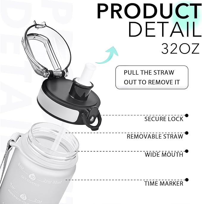 32oz Motivational Water Bottles with Time Marker & Fruit Strainer, Transparent Gradient Color Water Bottle with Times to Drink, Leakproof & BPA Free, Reusable Bottle with Strap (No Straw)-Ruum Studio Home
