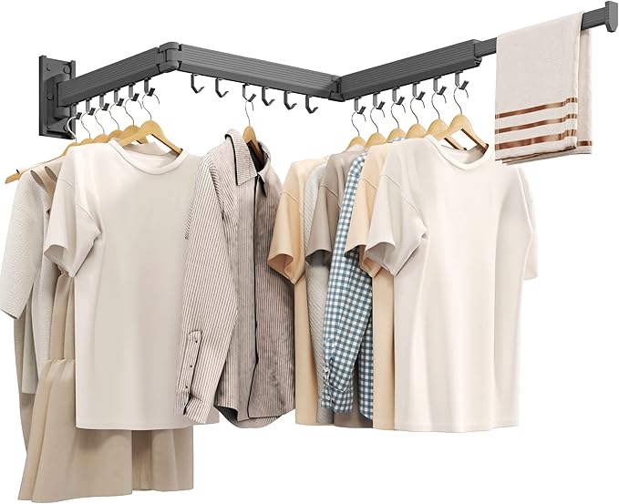 Wall Mounted Clothes Drying Rack,Laundry Drying Rack Wall Mount,Clothes Hanger,Drying Rack Clothing,Retractable Laundry Rack for Hanging Clothes,Collapsible,Foldable,Grey-Hooks-Ruum Studio Home