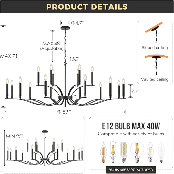 Black Living Room Chandelier 18 Light Hight Ceiling Foyer Candle Chandelier Large Dining Room Light Fixture Over Table 59in Metal Modern Chandeliers Hanging Light for Entry Master Bedroom-Ruum Studio Home