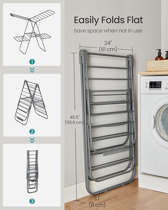 SONGMICS Clothes Drying Rack, Foldable 2-Level Laundry Drying Rack, Free-Standing Laundry Airer, with Height-Adjustable Wings, 33 Drying Rails, Sock Clips, Gray ULLR053G02V1-Ruum Studio Home