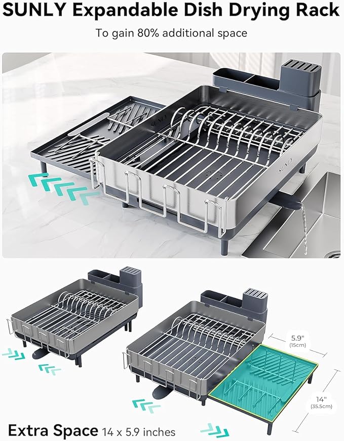 SUNLY Large Dish Drying Rack, Expandable Dish Racks for Kitchen Counter, Space Saving 304 Stainless Steel Drying Rack Kitchen, Extra Large Drainer with Multifunctional Flip Up Pegs, Gray-Ruum Studio Home
