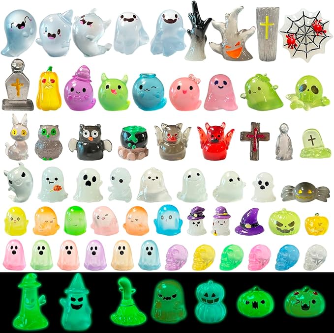 72 Pcs Halloween Mini Resin Animals Figures Kit - Luminous Tiny Resin Figurines Accessories, Glow in The Dark Miniature Ghost Figurines for Halloween Party, Micro Landscape, Tabletop Decor-Ruum Studio Home