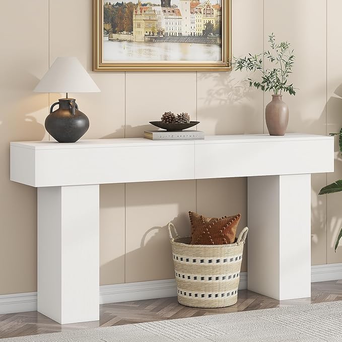 63 Inch Long Console Table for Entryway, Farmhouse Wood Rectangular Sofa Table Behind Couch Table, Narrow Entryway Table for Living Room, Entrance, Hallway, Foyer, Easy Assembly (Classic White)-Ruum Studio Home