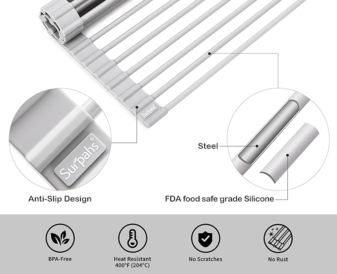 Surpahs Over Sink Foldable Multipurpose Roll-Up Dish Drying Rack, Silicone Wrapped Stainless Steel, Warm Gray, 20.5" x 13.1"-Ruum Studio Home