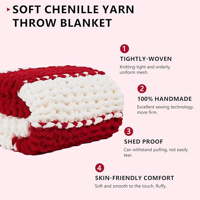 L'AGRATY Chunky Knit Blanket Throw - Soft Chunky Throw Blanket 40x50: 100% Hand Kintted Chenile Crochet Throw Blanket for Couch - Large Cable Knit Chunky Blanket for Home Decor(Red and White)-Ruum Studio Home