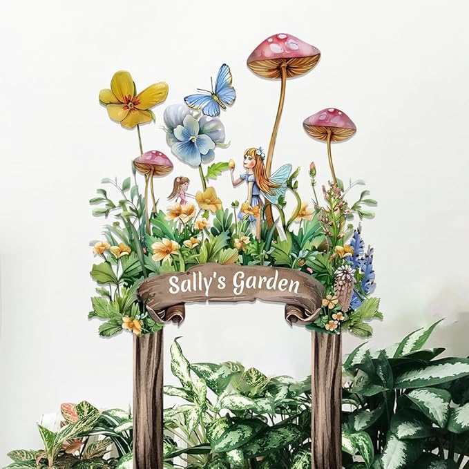 Personalized Cute Fairy Metal Sign with Stake,Custom Gardener Family Name Signs Outdoor Decor,Customized Butterfly Gardening Gifts for Mother,Flowers Plaques Decorate for Garden Patio Lawn Porch Yard-Ruum Studio Home