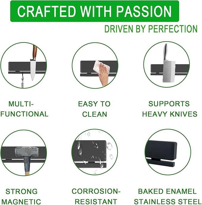 YIIYIIN 12 Inch Magnetic Knife Holder for Wall No Drill,Adhesive Knife Magnetic Strip with 6 Hooks,Kitchen Double Rods Stainless Steel Magnetic Utensil Holder(Black)-Ruum Studio Home