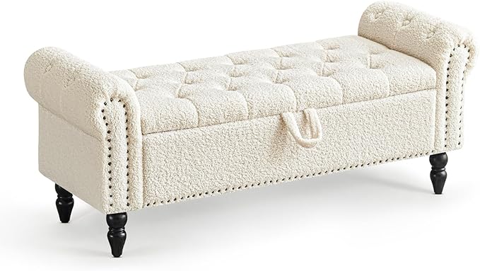 Furniliving Modern Storage Ottoman Bench, Sherpa Ottoman End of Bed Bench with Solid Wood Legs Upholstered Ottoman Benches with Storage Indoor Bench for Living Room with Rolled Arm, Entryway, White-Ruum Studio Home