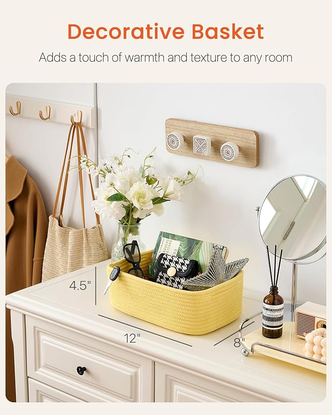 KALLAX Small Woven Basket, 12 x 8 x 4.5 Inches, Storage Basket for Organizing, Cute Small Rope Shelf Closet Cube Storage Bins Baskets for Shelves, Dog Toy Gift Baskets Empty, 3 Pack Yellow-Ruum Studio Home