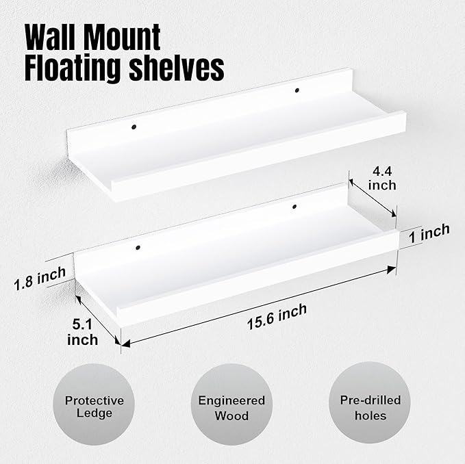 RICHER HOUSE 3 Set White Floating Shelves, Wall Mounted White Shelves for Wall Decor, Picture Ledge Shelf with Lip for Wall Storage Nursery, Bedroom, Living Room, Bathroom - White-Ruum Studio Home