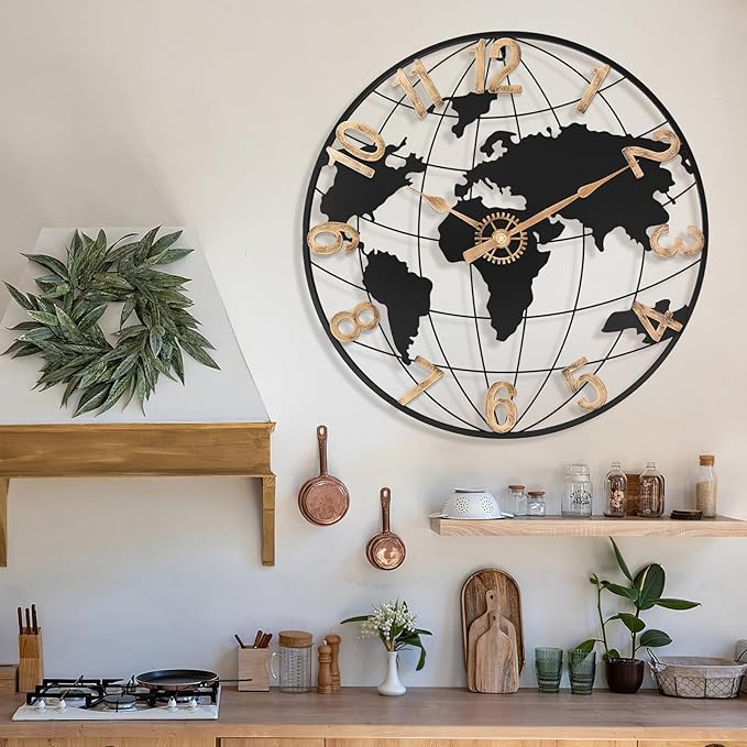 24 Inch Large Wall Clock for Living Room Decor,Big Modern Decorative Silent Metal World Map Wall Clock with Vintage Gold Arabic Numeral for Office,Living Room,Kitchen,Dining Room-Ruum Studio Home