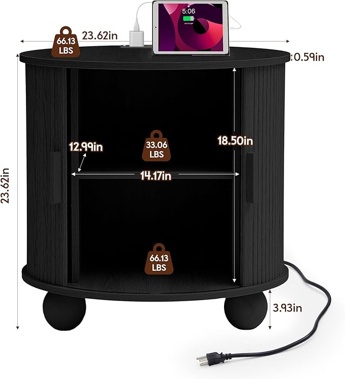 AVZEAR 24" Large Round End Table with Charging Station, Farmhouse Fluted Sofa Side Table with Sliding Tambour Door & Storage, Mid-Century Wood Nightstand for Living Room, Bedroom, Black-Ruum Studio Home