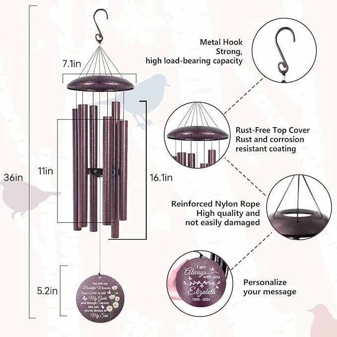 ASTARIN 36" Large Deep Tone Personalized Sympathy Wind Chimes, Memorial Wind Chime for Loss of Mother Father Loved One, Bereavement Gifts Decor Outdoor Patio Garden Graveyard-Ruum Studio Home