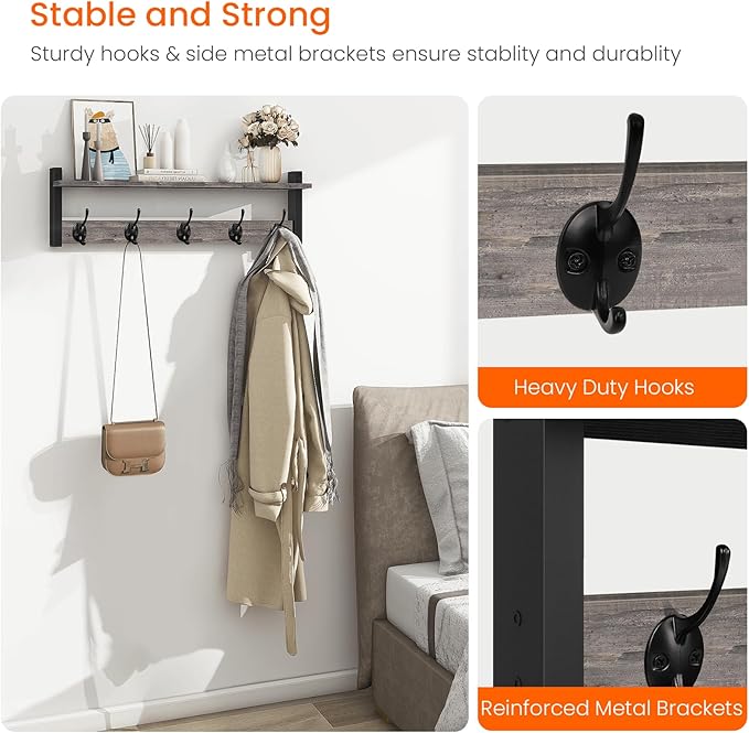 Homode Wall Hooks With Shelf, 24 Inch Coat Rack Wall Mount for Entryway, Clothes, Backpack, Key, Purse - Floating Shelf Hanging in Bathroom, Bedroom, Hallway, Rustic Grey-Ruum Studio Home