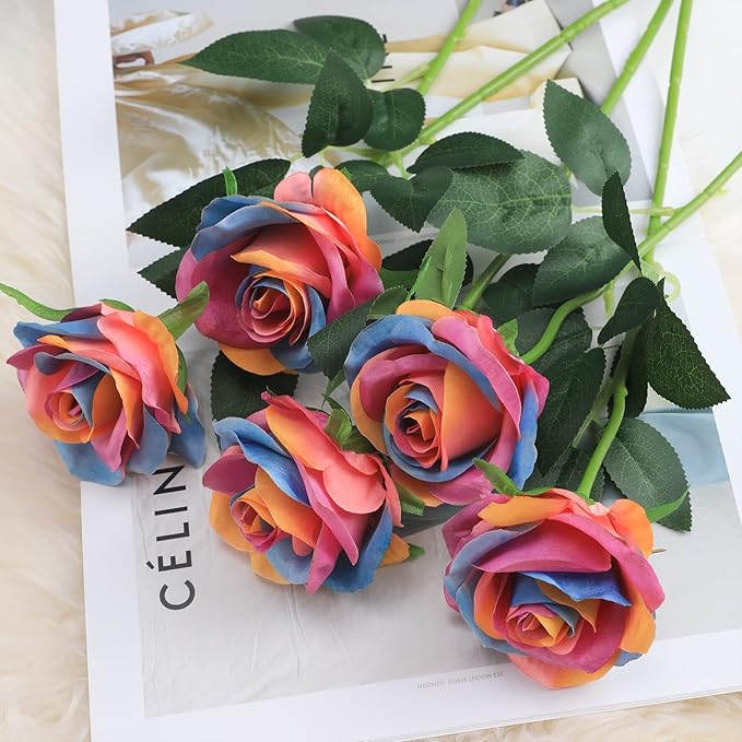 Rainbow Fake Roses Artificial Flowers - 16 Pcs Fake Artificial Roses Silk Flowers with Stems for Home Wedding Hotel Office Centerpiece Decor（Rainbow）-Ruum Studio Home