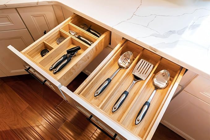 Umilife Bamboo Kitchen Utensils Organizer, 13 Inch Drawer Dividers for Silverware, Extra Deep Holder, with Non-Slip Feet, Wood Caddy for Flatware Cutlery-Ruum Studio Home