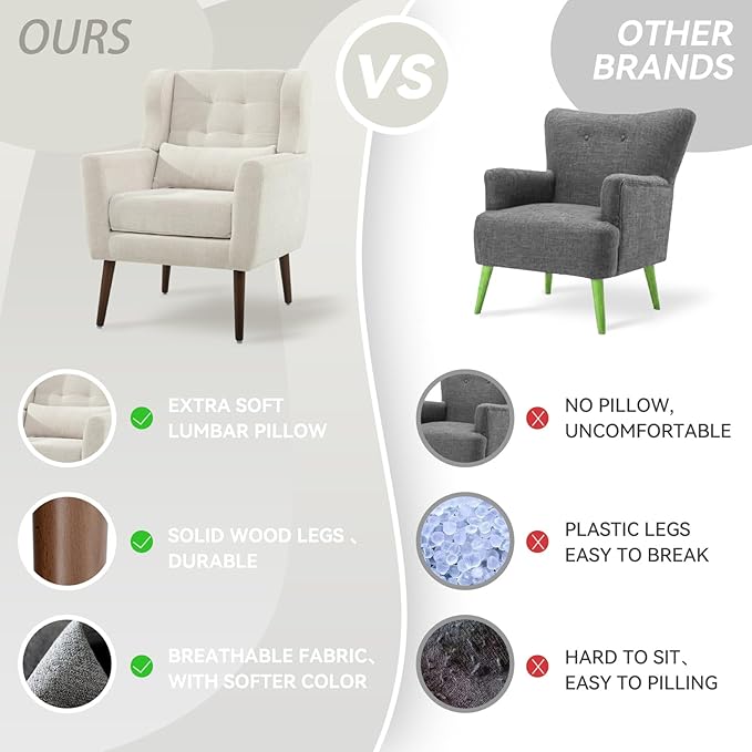 Modern Accent Chair, Upholstered Armchair with Pillow, Fabric Single Sofa Chair with Lounge Seat and Wood Legs Accent Chair for Living Room Bedroom Small Spaces (Beige, Set of 2)-Ruum Studio Home