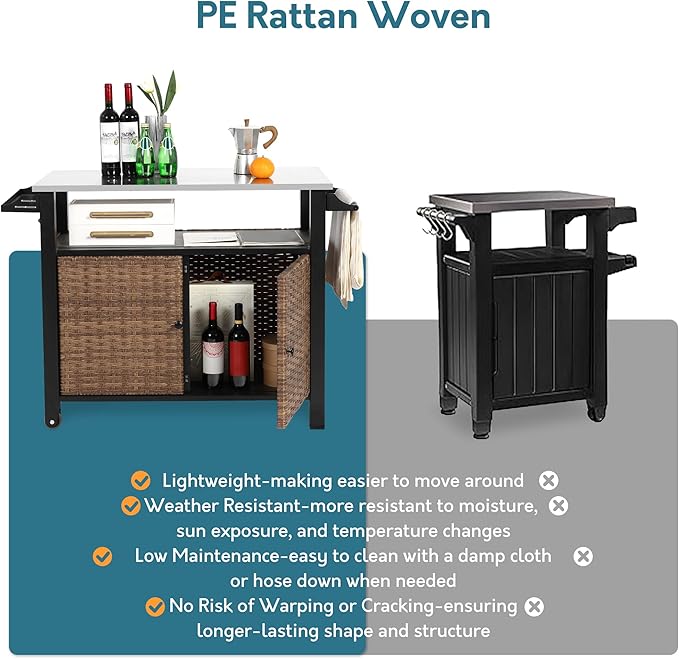 Grill Cart Outdoor with Wheels, Outdoor Prep Table with Wicker Storage and Rolling Wheels, Kitchen Island Serving Cart with Stainless Steel Table Top for BBQ, Porch, Patio, Brown-Ruum Studio Home