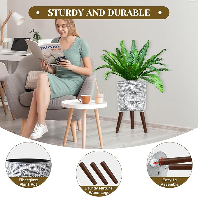 Flower Pot with Legs Tall Flower Pot with Drainage Holes for Indoor and Outdoor Decorative Planting (Gray Wave, 12 Inches)-Ruum Studio Home