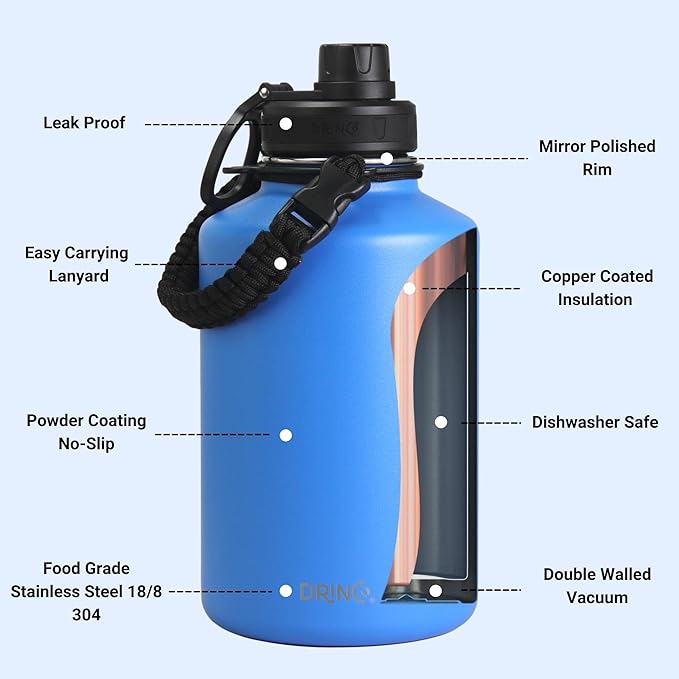 Drinco Stainless Steel Water Bottle Spout Lid Vacuum Insulated Double Wall Water Bottle Wide Mouth (64oz 40oz 32oz 22oz 18oz 14oz) Leak Proof Keep Cold Sport Camping Hiking (64 oz, 64oz Royal Blue)-Ruum Studio Home