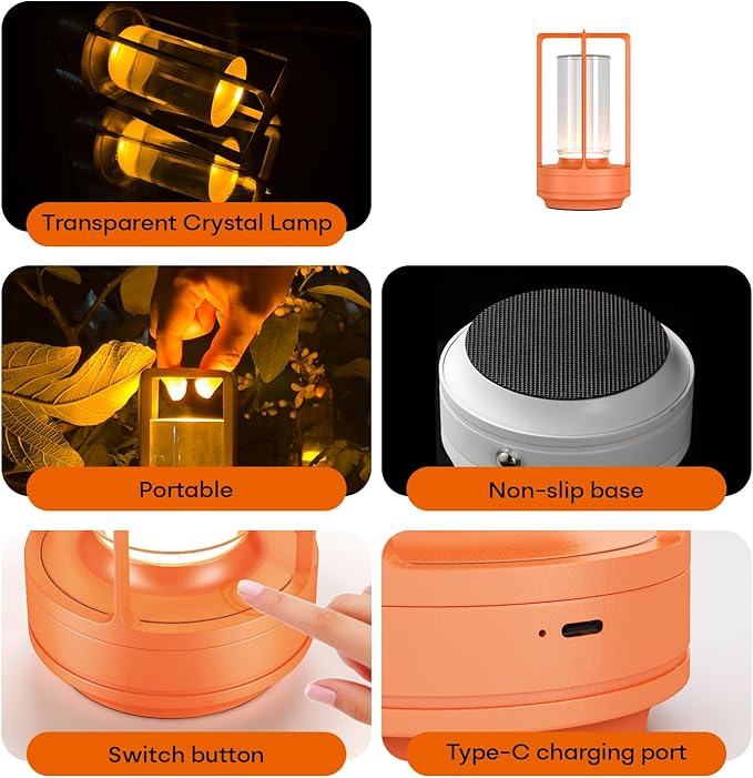 Portable Metal Table Lamp for Indoor/Outdoor ,Rechargeable Cordless LED Lamp, 3-Colour Infinitely Dimming Battery Powered Small Desk Lamp, Restaurant/Bedroom/Bar/Coffee Shop/Camping Light (Orange)-Ruum Studio Home