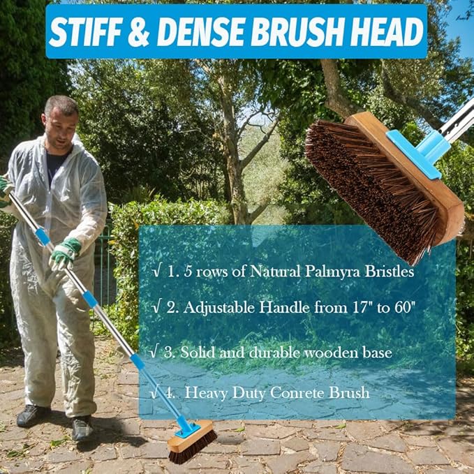 Heavy Duty Deck Brush with Long Handle - 60" Floor Scrub Brush with Stiff Natural Palmyra Bristles, Outdoor Scrubber Brushes for Cleaning Rough Surface, Concrete Floor, Patio, Garden, Sidewalk-Ruum Studio Home