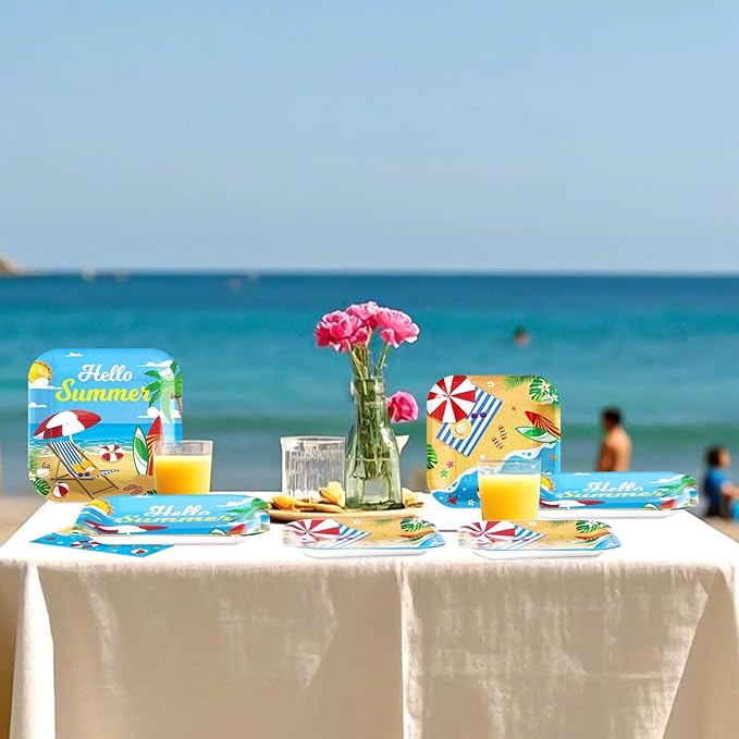 Grencian 200Pcs Beach Party Supplies Hello Summer Party Plates and Napkins Disposable Summer Pool Paper Tableware Set for Hawaiian Beach Pool Birthday Baby Showe Decorations, Serves 50-Ruum Studio Home