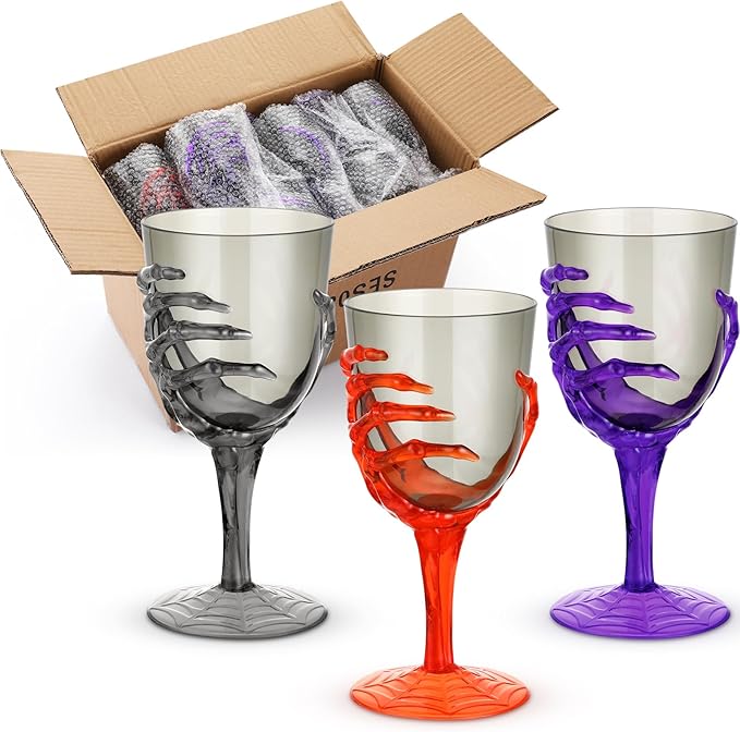 Dandat 24 Pcs Halloween Skeleton Hand Goblets 12oz Clear Plastic Halloween Cups Skull Wine Glass Set for Creepy Spooky Party Decorations(Black, Purple, Orange, Gray)-Ruum Studio Home