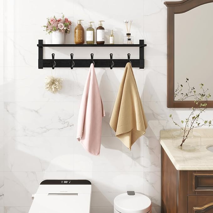 Homode Coat Hanger Wall Mount with Shelf, 29 in Hanging Rack with Storage, Entryway Shelf with Pegs for Hanging Coats, Hats, Towels, Purse, Robes, Black-Ruum Studio Home