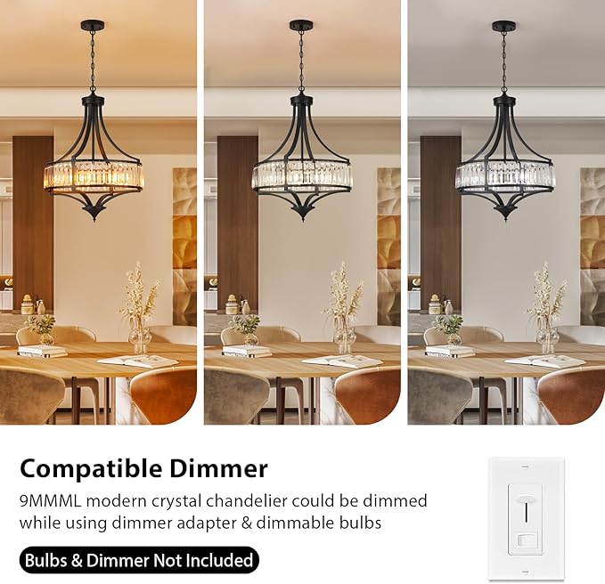 Modern Black Crystal Chandelier, 20 Inch Large Ceiling Pendant Light Fixture with 50'' Adjustable Hanging Chain, 5-Light Farmhouse Chandelier for Dining Room, Living Room, Bedroom, Entryway-Ruum Studio Home