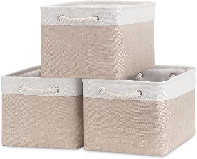Bidtakay Large Fabric Baskets with Handles [3-Pack] Collapsible Storage Basket for Shelves 15 X 11 X 9.5 inches Canvas Bins for Closet Organization (White&Beige)-Ruum Studio Home